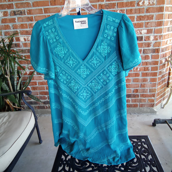 Teal Embroidered V Neck Mid Dress | Savanna Jane