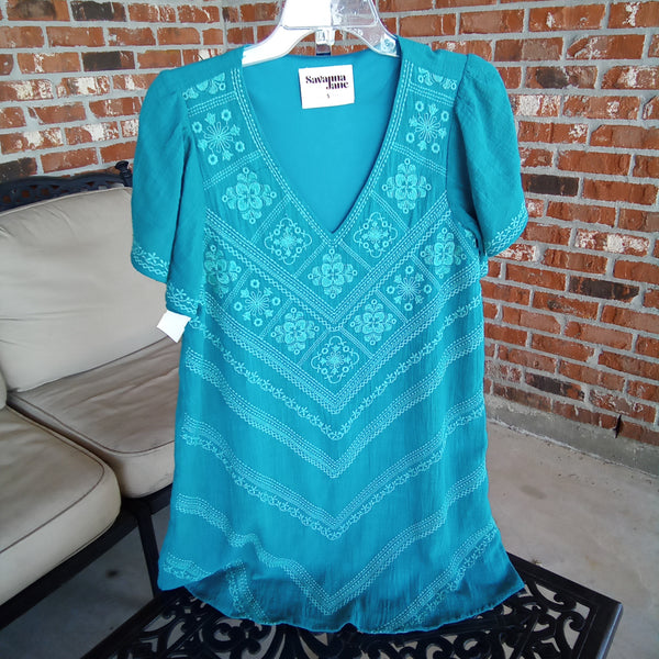Teal Embroidered V Neck Mid Dress | Savanna Jane