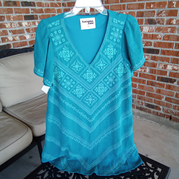 Teal Embroidered V Neck Mid Dress | Savanna Jane