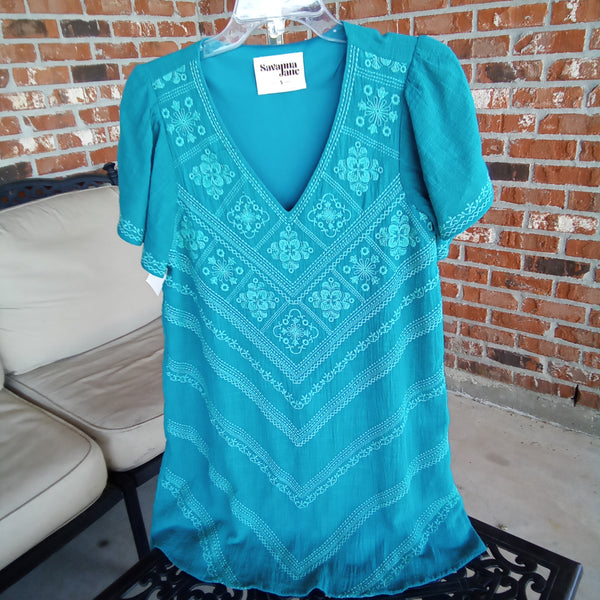 Teal Embroidered V Neck Mid Dress | Savanna Jane