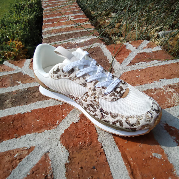 White Sneaker with Olive and Leopard Accents | Very G Runner