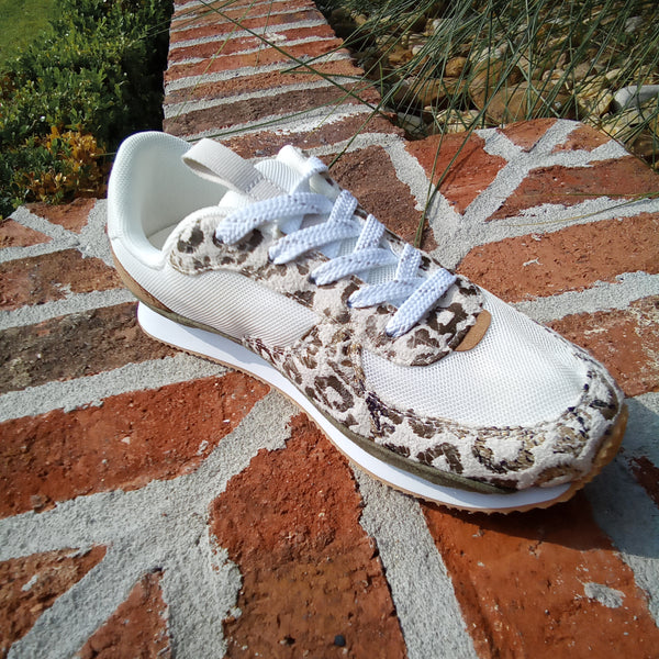 White Sneaker with Olive and Leopard Accents | Very G Runner