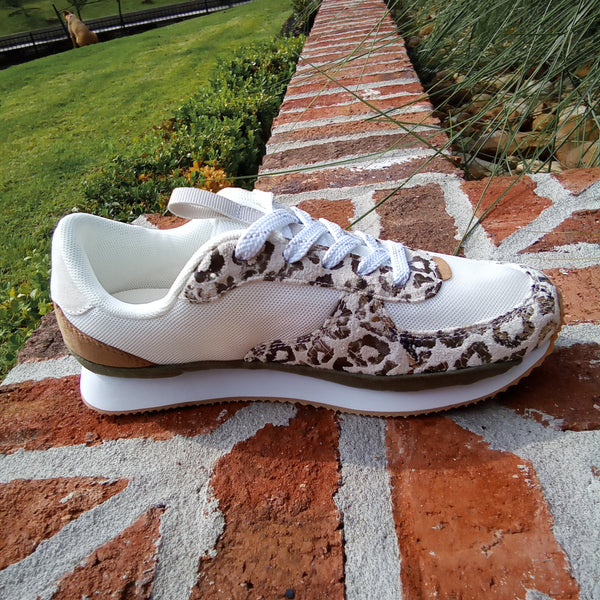 White Sneaker with Olive and Leopard Accents | Very G Runner