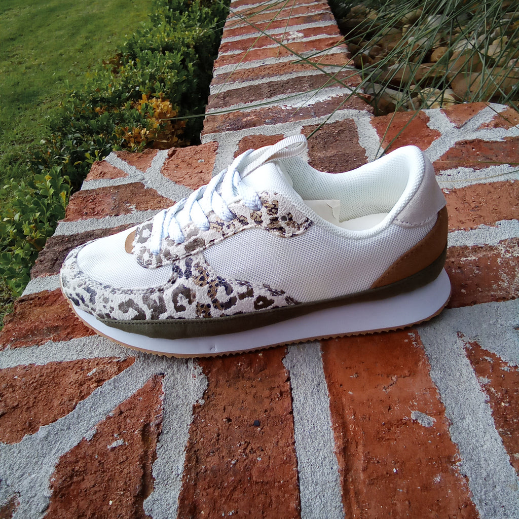 White Sneaker with Olive and Leopard Accents | Very G Runner