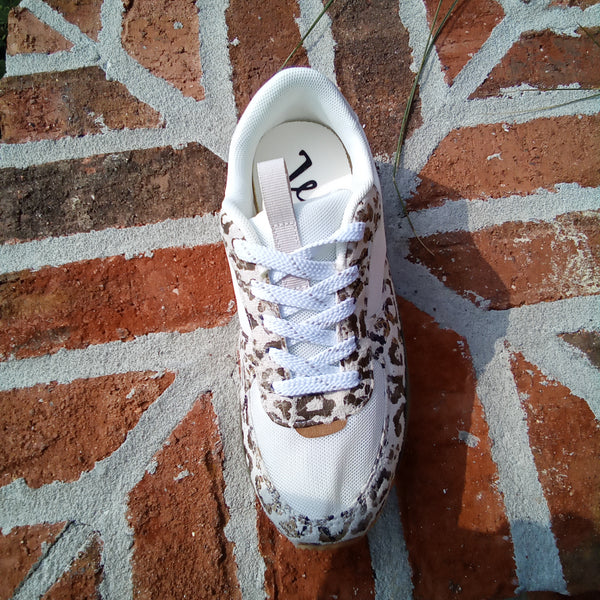 White Sneaker with Olive and Leopard Accents | Very G Runner