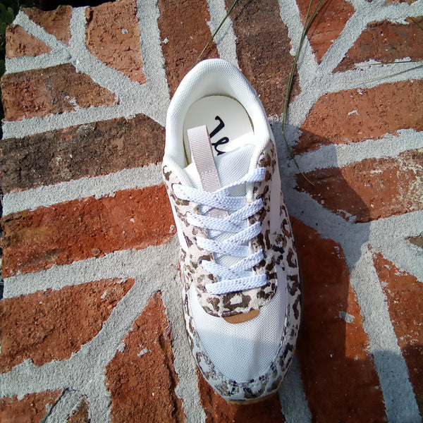 White Sneaker with Olive and Leopard Accents | Very G Runner