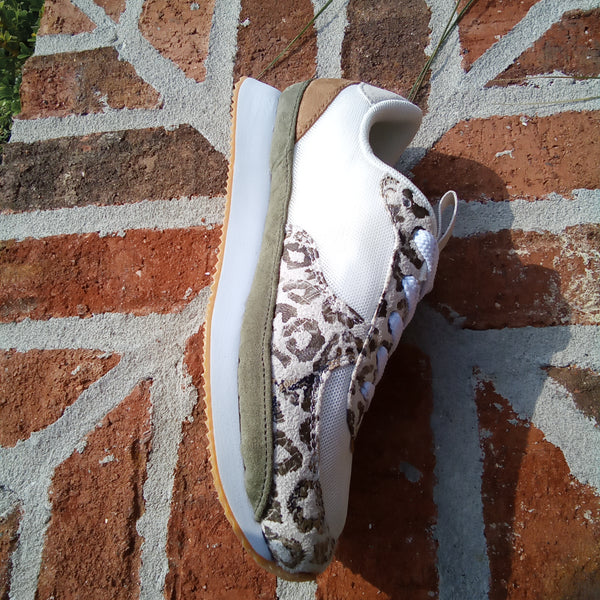 White Sneaker with Olive and Leopard Accents | Very G Runner