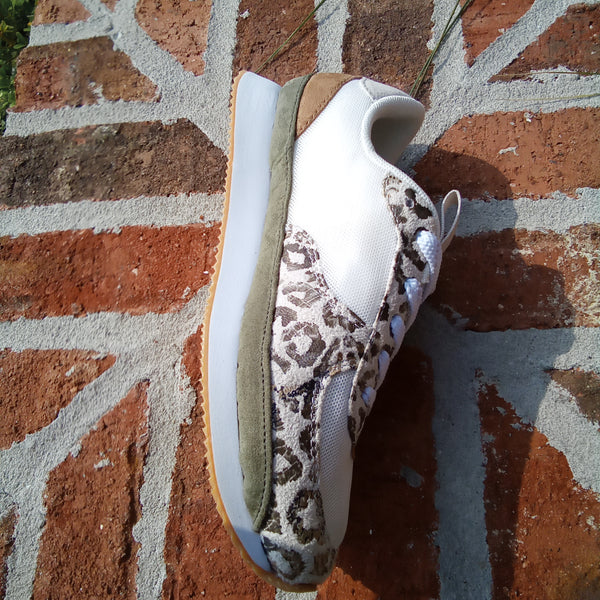 White Sneaker with Olive and Leopard Accents | Very G Runner
