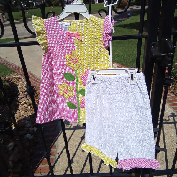 Gingham Seersucker Capri Set with Appliqued Flowers | Bonnie Jean