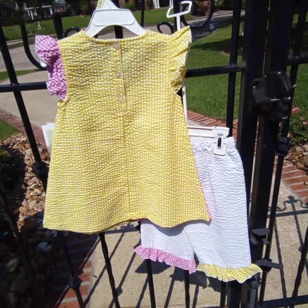 Gingham Seersucker Capri Set with Appliqued Flowers | Bonnie Jean