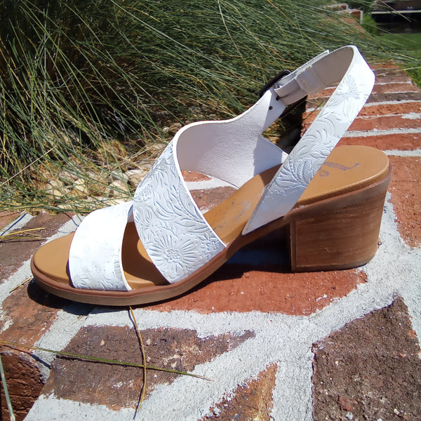 White Embossed Blocked Heel Sandal | Very G - Zarina