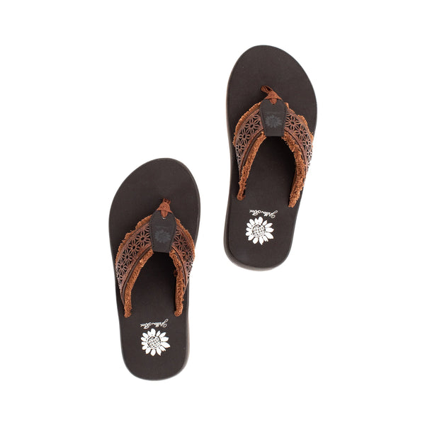 Laser Cut Frayed Flip Flop Sandal | Yellow Box | Griffon Brown