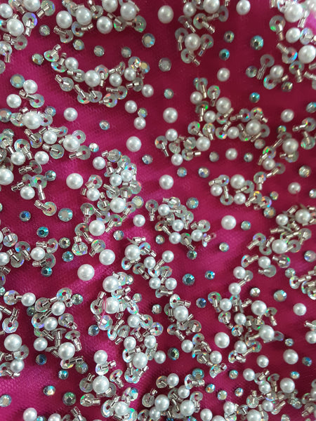 Pink Off Shoulder Princess Ballgown with White Pearl Details - Size 8 Last one!