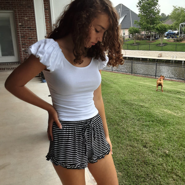 Stripe Drawstring Knit Shorts with Ruffle Hem | Pol