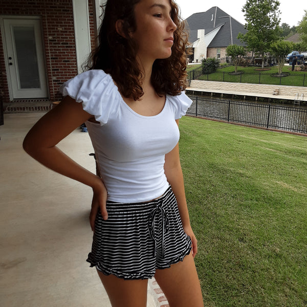 Stripe Drawstring Knit Shorts with Ruffle Hem | Pol