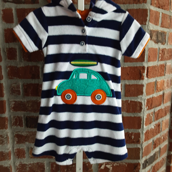 Newborn Terry Cloth Hooded One Piece with Appliqued Beach Buggy & Surfboard | Mud Pie