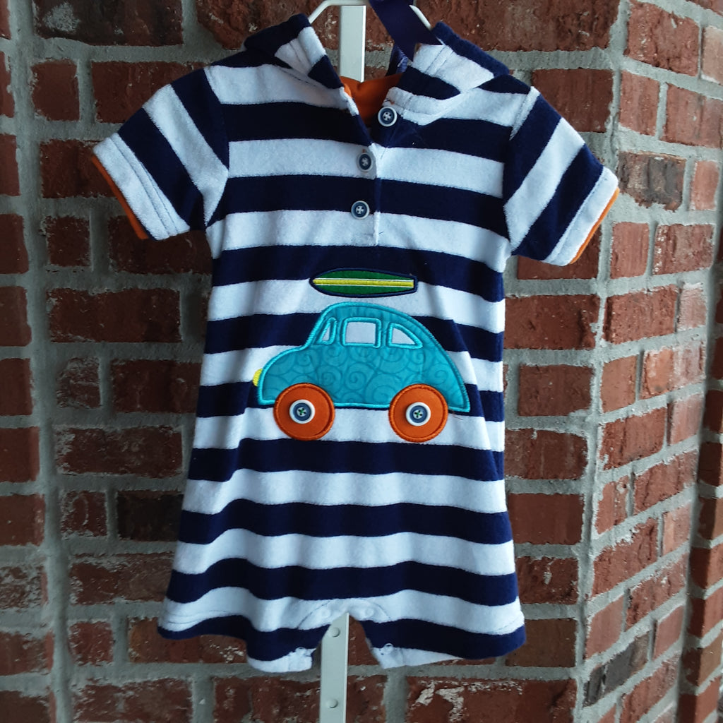 Newborn Terry Cloth Hooded One Piece with Appliqued Beach Buggy & Surfboard | Mud Pie