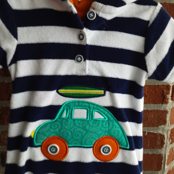 Newborn Terry Cloth Hooded One Piece with Appliqued Beach Buggy & Surfboard | Mud Pie
