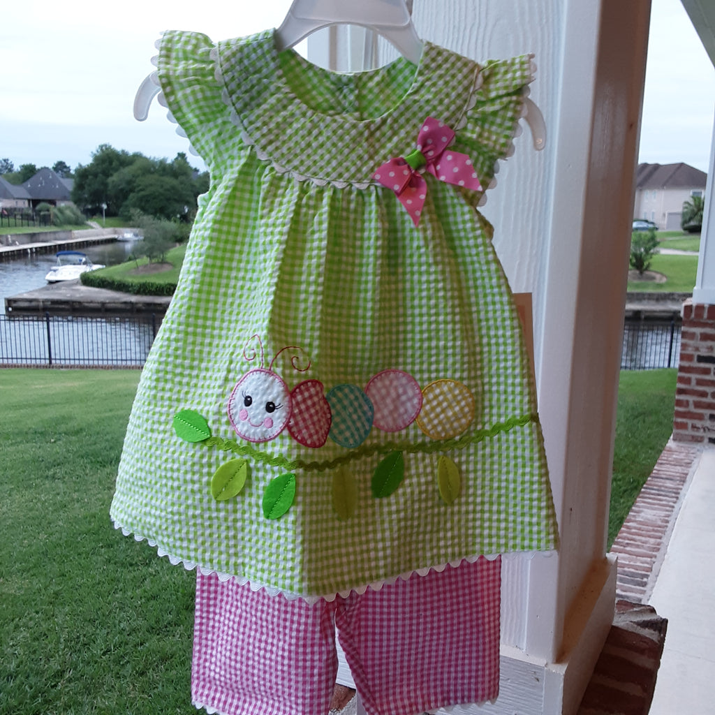 Caterpillar Appliqued Gingham Seersucker Short Set | Bonnie Jean