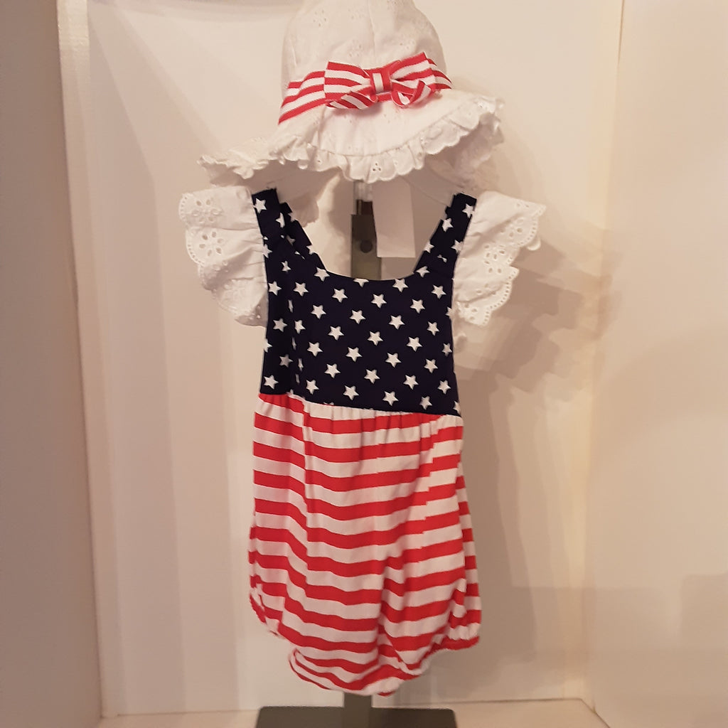 Stars & Stripes Patriotic  Bubble Suit with Eyelet Sunhat | Bonnie Baby