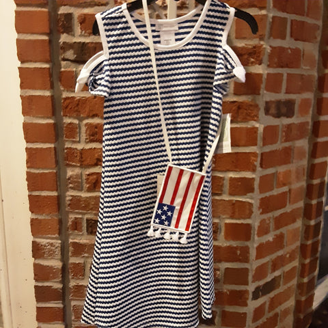 Blue and White Stripe Cold Shoulder Dress with Flag Cross Body Bag | Bonnie Jean