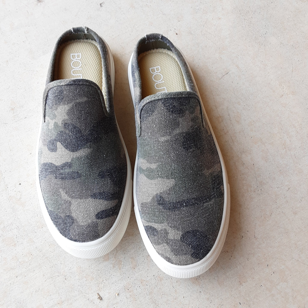 Distressed Camo Open Back Slip On Mules | Boutique by Corkys | Abbott