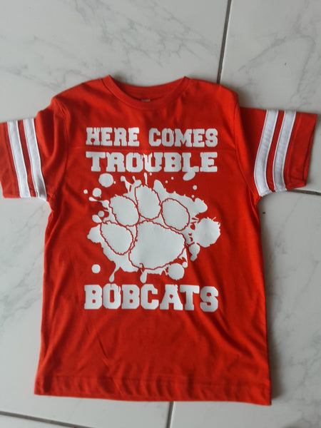 "Here Comes Trouble -  Bobcats" Paw Print Shirt - Orange T-shirt