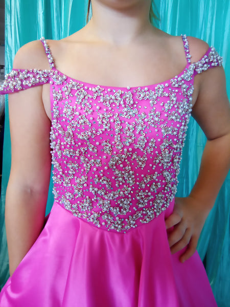 Pink Off Shoulder Princess Ballgown with White Pearl Details - Size 8 Last one!