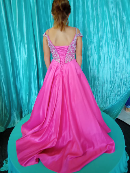 Pink Off Shoulder Princess Ballgown with White Pearl Details - Size 8 Last one!
