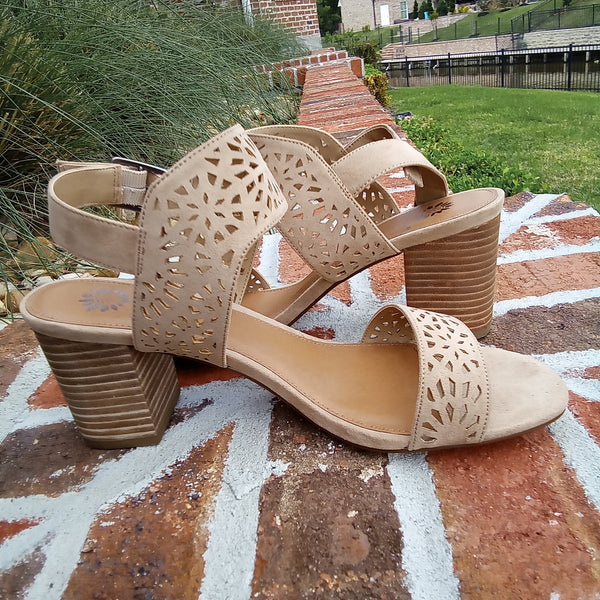 Laser Cut Stacked Block Heel Sandals | Carilena | Yellow Box