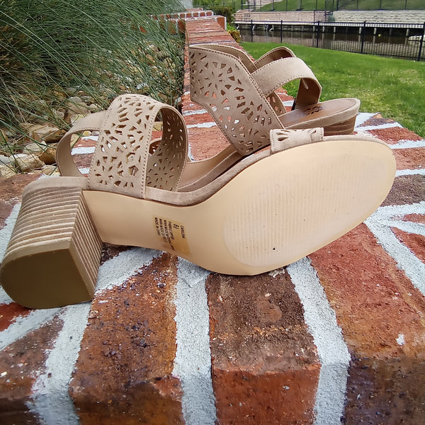 Laser Cut Stacked Block Heel Sandals | Carilena | Yellow Box