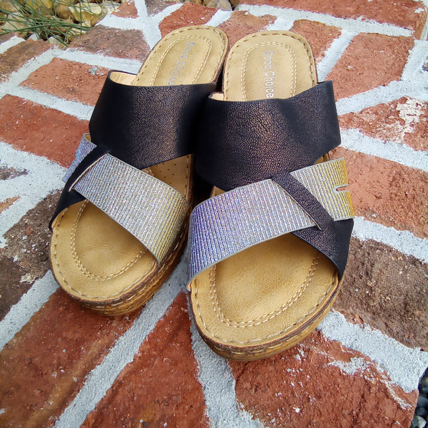 Black & Silver Wedge Sandals | Good Choice Raquel - Final Sale