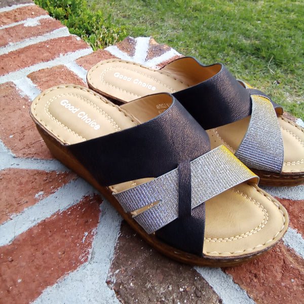 Black & Silver Wedge Sandals | Good Choice Raquel