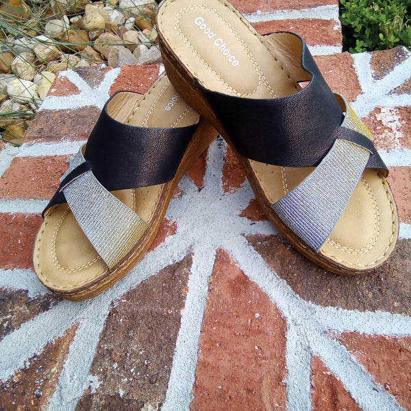 Black & Silver Wedge Sandals | Good Choice Raquel - Final Sale