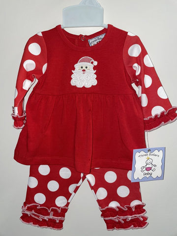 Red Appliqued Santa Tunic with Dotted Sleeves and Leggings