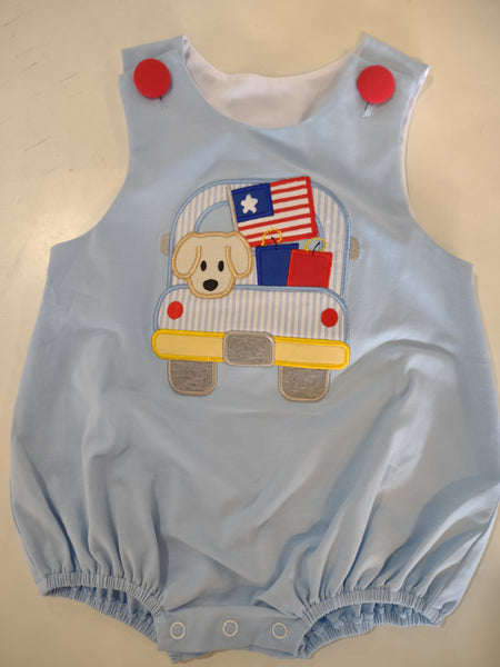 Patriotic Dog in a Truck Appliqued Infant Bubble Suit | Three Sisters
