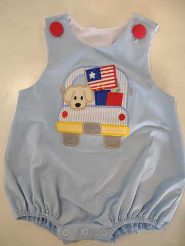 Patriotic Dog in a Truck Appliqued Infant Bubble Suit | Three Sisters