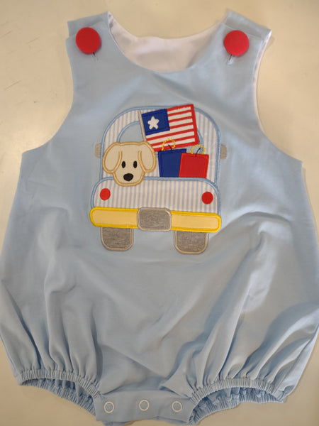 Patriotic Dog in a Truck Appliqued Infant Bubble Suit | Three Sisters