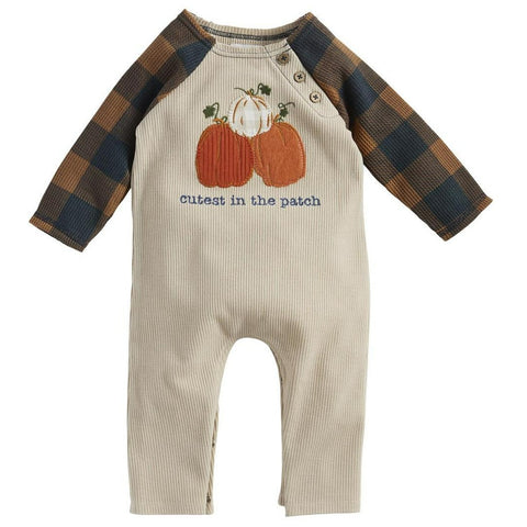 Mud Pie One Piece Crawler with Pumpkins on front and "Cutest in the Patch" embroidered on front.