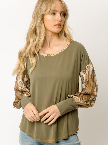 Olive blouse with snake print sleeve | Mystree 19316