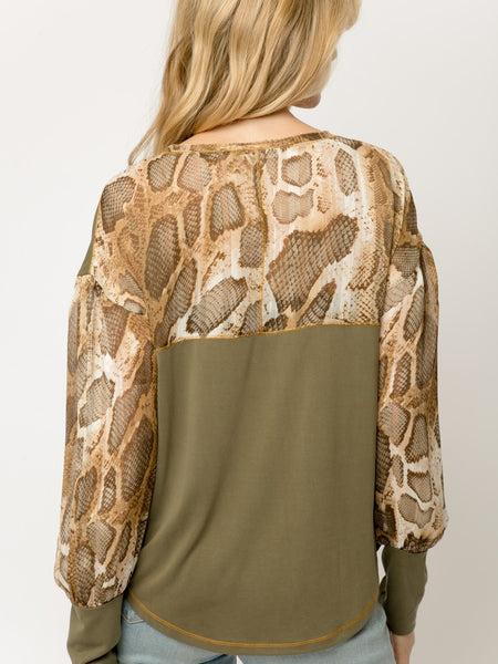 Olive blouse with snake print sleeve | Mystree 19316