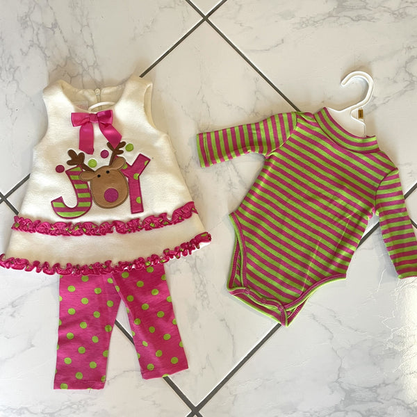Three piece Bonnie Baby Set.  Lime and pink long sleeve crawler with a cream tunic appliqued with a reindeer and "Joy" over pink and lime dotted leggings.