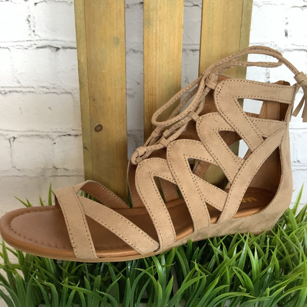 Gladiator Lace Up Sandal | Madeline Girl Saturate in Mid Taupe