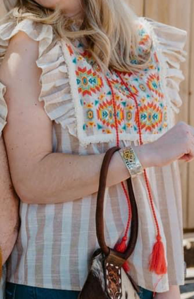Ruffle Sleeve Tan Stripe Top | Savanna Jane