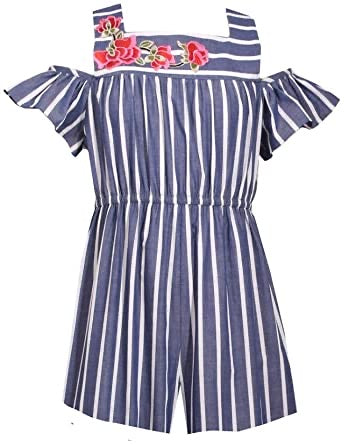 Stripe and Embroidered Cold Shoulder Romper | Bonnie Jean