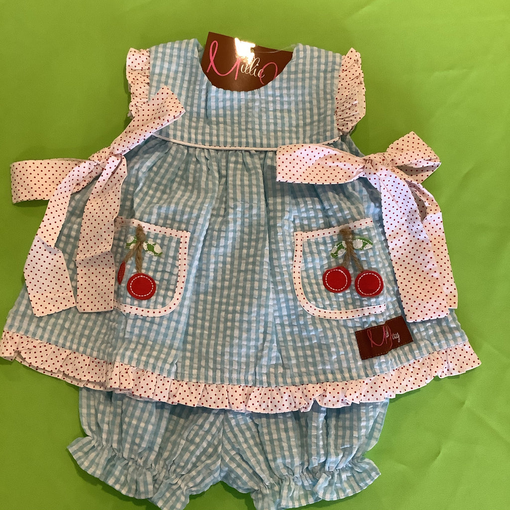 Seersucker Cherry Applique Bloomer Set | Millie Jay