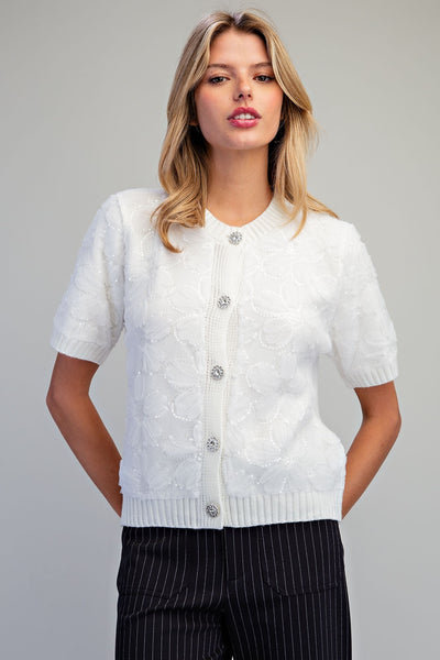 Ivory Floral Short Sleeve Sweater
