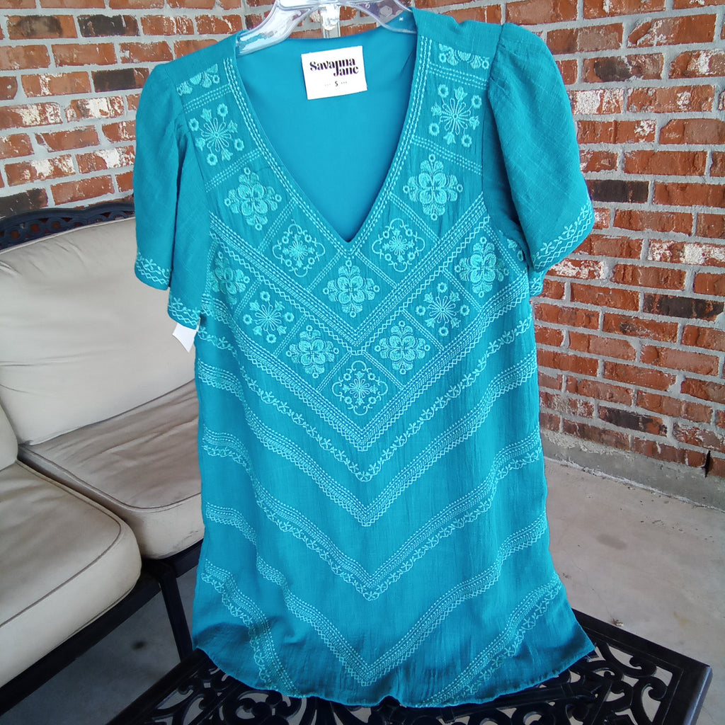 Teal Embroidered V Neck Mid Dress | Savanna Jane D10068 The Classy Peacock Teal Embroidered V Neck Mid Dress | Savanna Jane D10068 The Classy Peacock