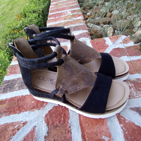 Gladiator Black and Gold Zip Back Sandals  | Boutique by Corkys | Browning