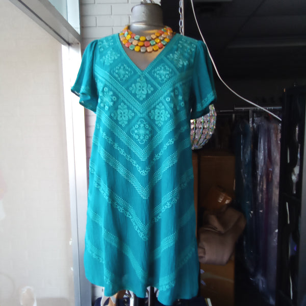 Teal Embroidered V Neck Mid Dress | Savanna Jane